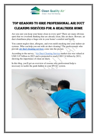 Top Reasons to Hire Professional Air Duct Cleaning Services for a Healthier Home