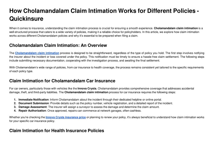 how cholamandalam claim intimation works for different policies quickinsure