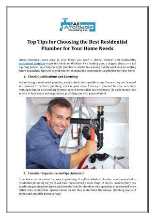Top Tips for Choosing the Best Residential Plumber for Your Home Needs