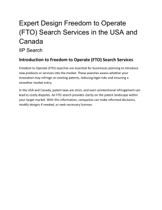 Expert Design Freedom to Operate (FTO) Search Services in the USA and Canada