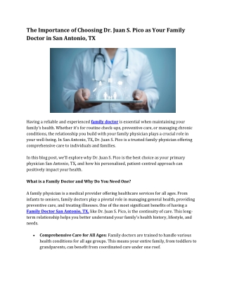 The Importance of Choosing Dr. Juan S. Pico as Your Family Doctor in San Antonio, TX
