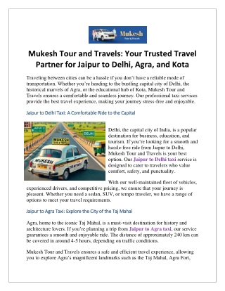 Mukesh Tour and Travels Your Trusted Travel Partner for Jaipur to Delhi, Agra, and Kota