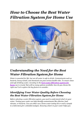 How to Choose the Best Water Filtration System for Home Use