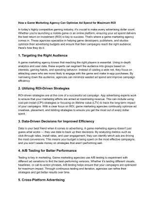 How a Game Marketing Agency Can Optimize Ad Spend for Maximum ROI