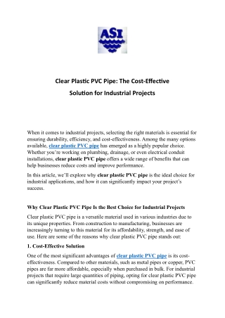 Choose Clear Plastic PVC Pipe for Your Next Industrial Project