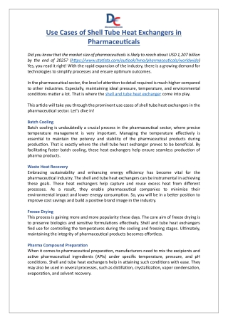 Use Cases of Shell Tube Heat Exchangers in Pharmaceuticals