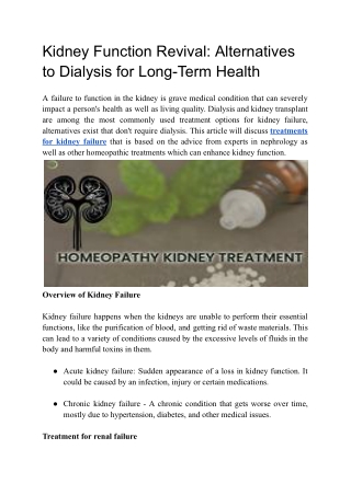 Kidney Function Revival Alternatives to Dialysis for Long-Term Health