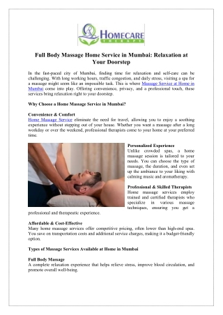 Get Full Body Massage Home Service for Ultimate Relaxation