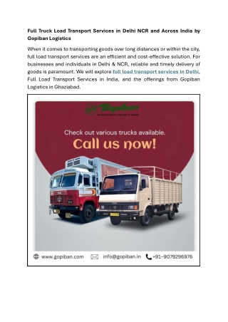 Full Truck Load Transport Services in Delhi NCR and Across India by Gopiban Logistics