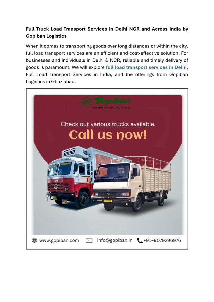 full truck load transport services in delhi