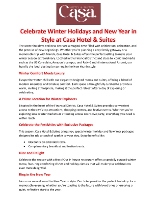 Celebrate Winter Holidays and New Year in Style at Casa Hotel & Suites