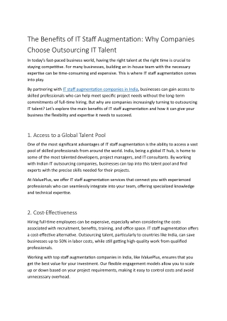 The Benefits of IT Staff Augmentation  Why Companies Choose Outsourcing IT Talent