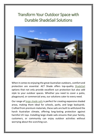 Transform Your Outdoor Space with Durable ShadeSail Solutions