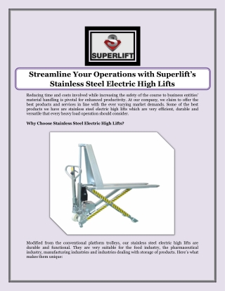 Streamline Your Operations with Superlift’s Stainless Steel Electric High Lifts