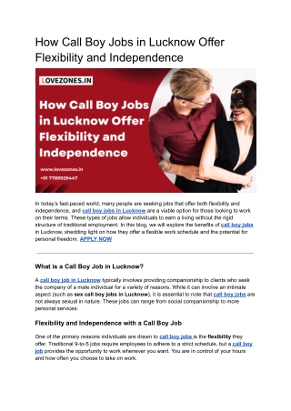 How Call Boy Jobs in Lucknow Offer Flexibility and Independence