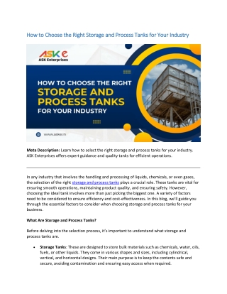 Choosing the Right Storage and Process Tanks for Your Industry