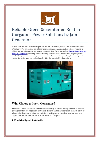 Reliable Green Generator on Rent in Gurgaon – Power Solutions by Jain Generator