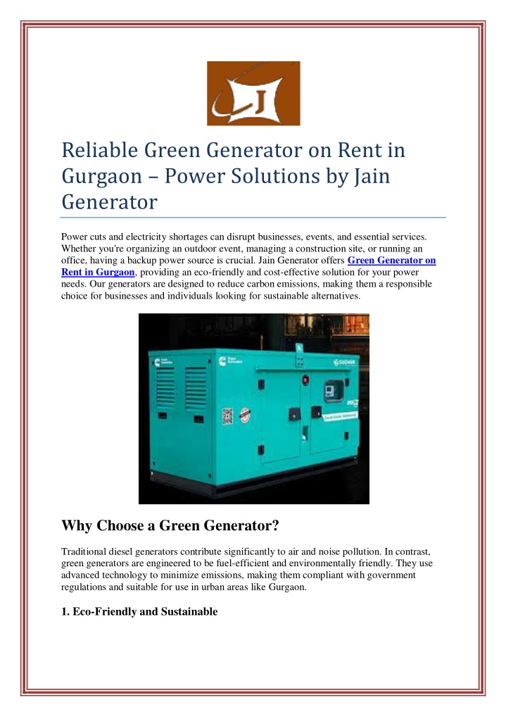 reliable green generator on rent in gurgaon power