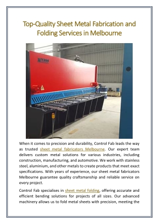 Top-Quality Sheet Metal Fabrication and Folding Services in Melbourne