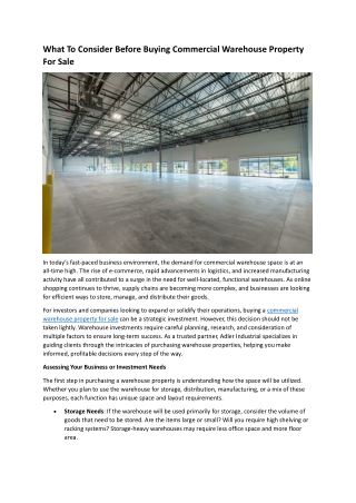 What To Consider Before Buying Commercial Warehouse Property For Sale