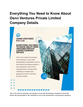 Everything You Need to Know About Osnn Ventures Private Limited Company Details