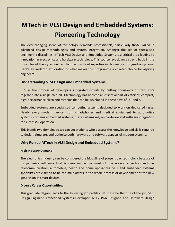 mtech in vlsi design and embedded systems