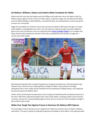Williams, Adams and Jenkins Make Comeback for Wales