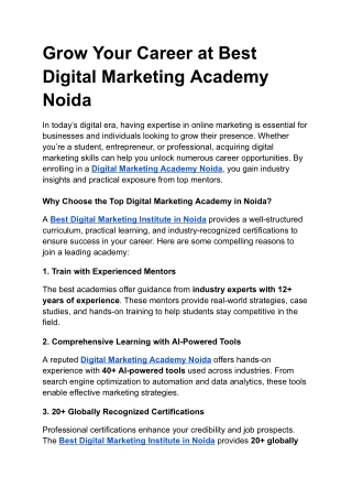 Grow Your Career at Best Digital Marketing Academy Noida