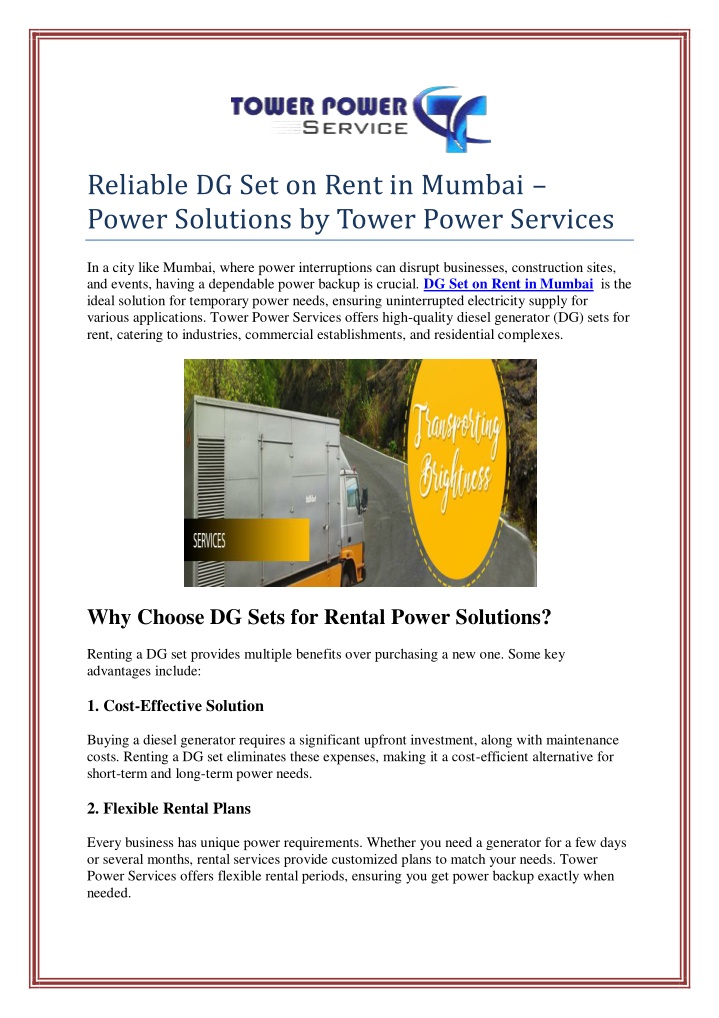 reliable dg set on rent in mumbai power solutions