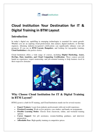 Cloud Institution Your Destination for IT Digital Training in BTM Layout