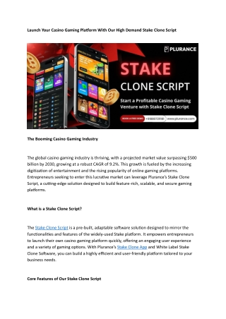 Launch Your Casino Gaming Platform With Our High Demand Stake Clone Script