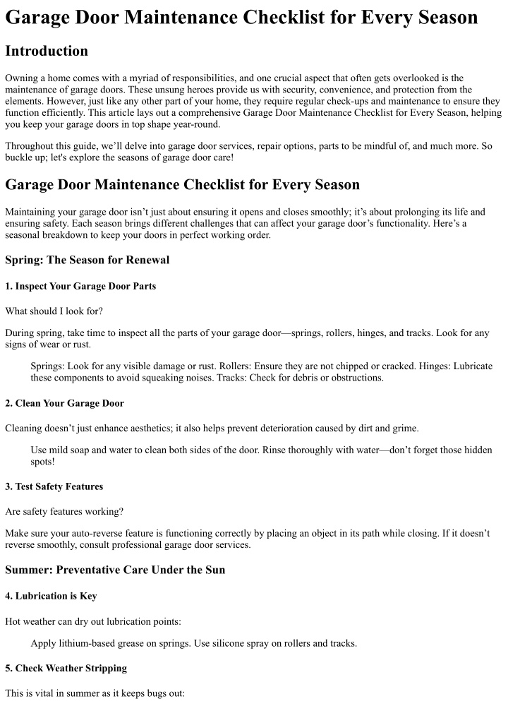 garage door maintenance checklist for every season