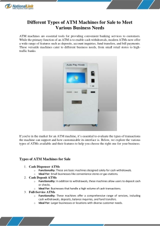 Different Types of ATM Machines for Sale to Meet Various Business Needs