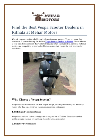 Find the Best Vespa Scooter Dealers in Rithala at Mehar Motors