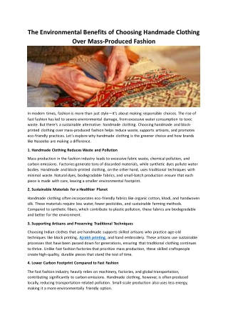 The Environmental Benefits of Choosing Handmade Clothing Over Mass Produced Fashion