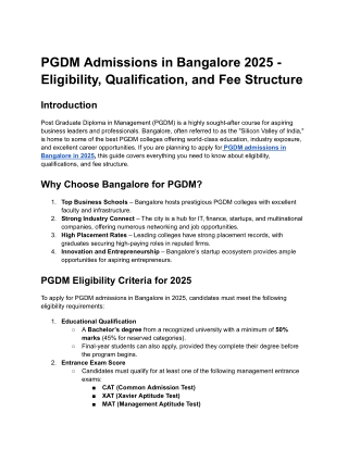 PGDM Admissions in Bangalore 2025 - Eligibility, Qualification, and Fee Structure