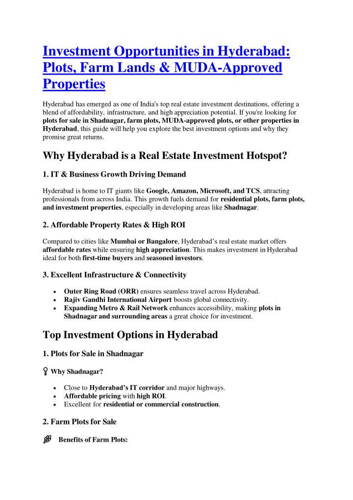 investment opportunities in hyderabad plots farm lands muda approved properties