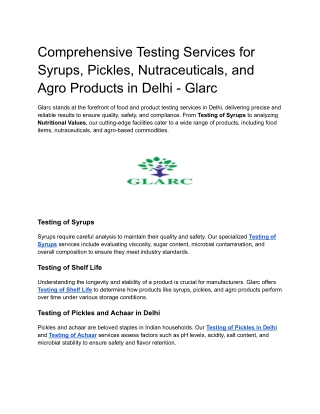 Comprehensive Testing Services for Syrups, Pickles, Nutraceuticals, and Agro Products in Delhi - Glarc