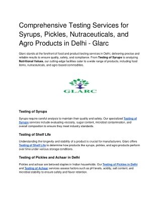 Comprehensive Testing Services for Syrups, Pickles, Nutraceuticals, and Agro Products in Delhi - Glarc
