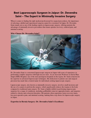 Best Laparoscopic Surgeon in Jaipur: Dr. Devendra Saini – The Expert in Minimall