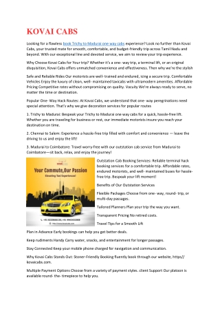 Explore Comfortable and Affordable Lifts with Kovai Cabs