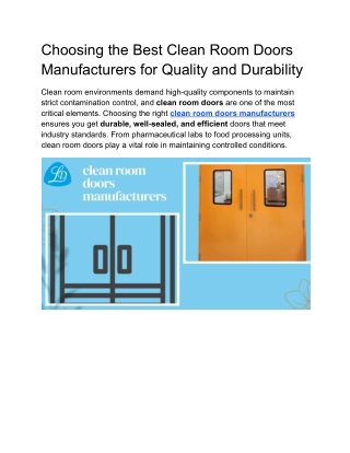 Choosing the Best Clean Room Doors Manufacturers for Quality and Durability