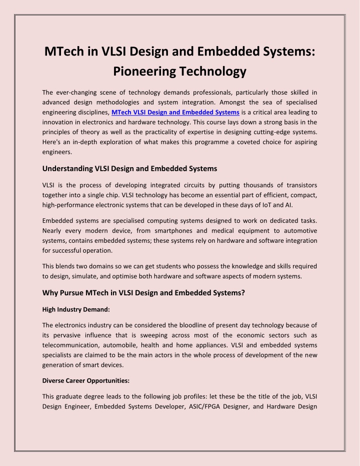 mtech in vlsi design and embedded systems