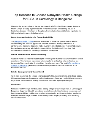 Top Reasons to Choose Narayana Health College for B B.Sc. in Cardiology in Bangalore