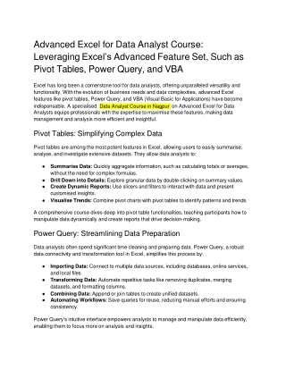 Advanced Excel for Data Analyst Course_ Leveraging Excel’s Advanced Features, Such as Pivot Tables, Power Query, and VBA
