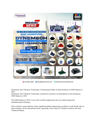 Dynemech Anti-Vibration Technology to Demonstrate Make in India Solutions at EMO