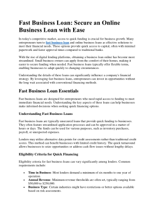 Fast Business Loan Secure an Online Business Loan with Ease