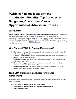 PGDM in Finance Management_ Introduction, Benefits, Top Colleges in Bangalore, Curriculum, Career Opportunities & Admiss