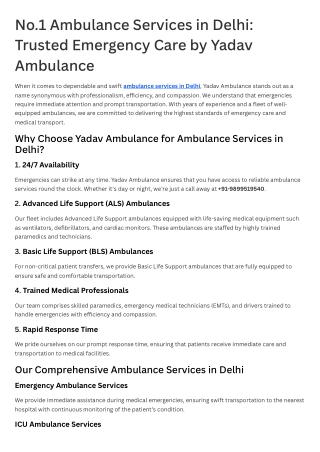 No.1 Ambulance Services in Delhi Trusted Emergency Care by Yadav Ambulance