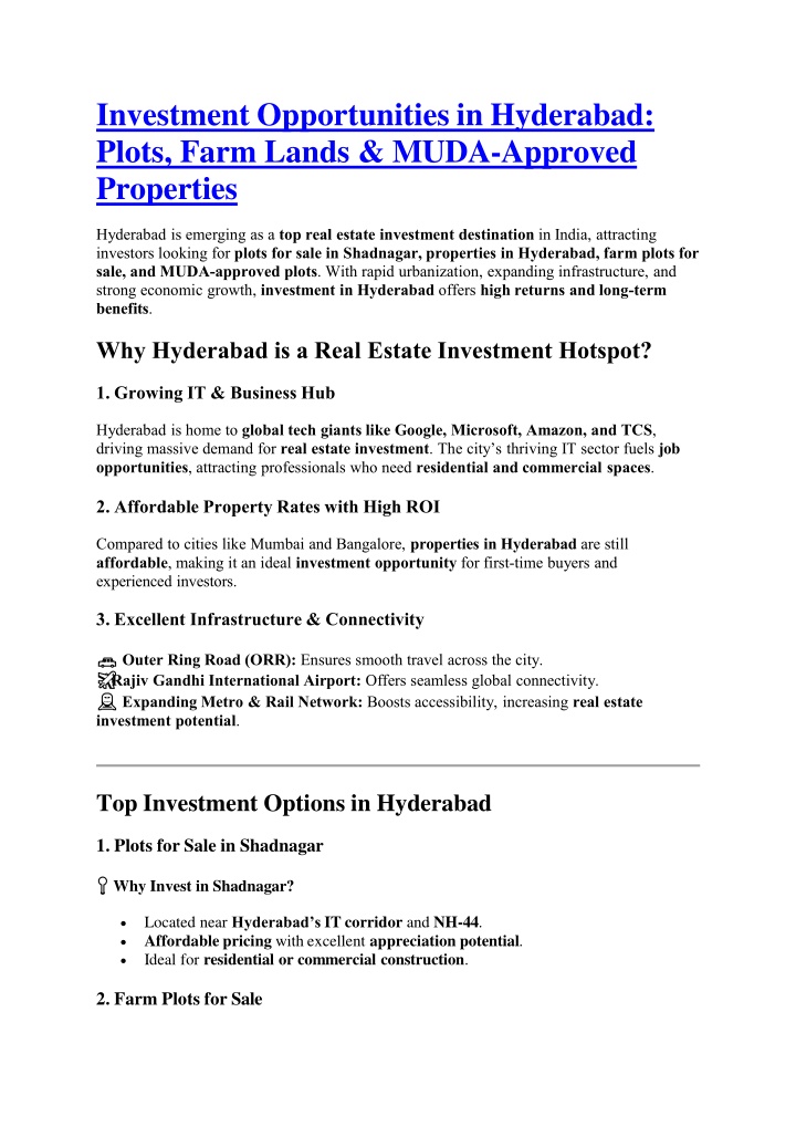 investment opportunities in hyderabad plots farm lands muda approved properties